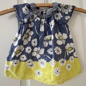 Monsoon Floral Top in Blue and Yellow with lettuce hem & stitching detail 12-18m